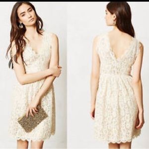 Anthropologie Ivory / Gold Lace Dress - Perfect for Holidays or Rehearsal Dinner